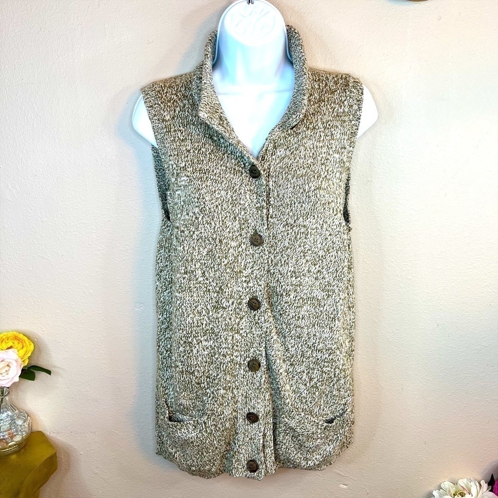M Beige & Green Button Down Sweater Sleeveless Stretch Medium 8 10